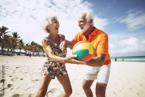 Old couple of husband and wife, enjoying retirement - they are playing volleyball on a beach. Generative AI © Mihai Zaharia