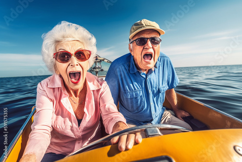 Old couple of husband and wife, enjoying retirement - they are riding a speedboat on the ocean. Generative AI © Mihai Zaharia