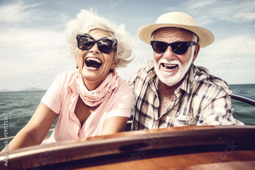 Old couple of husband and wife, enjoying retirement - they are riding a speedboat on the ocean. Generative AI