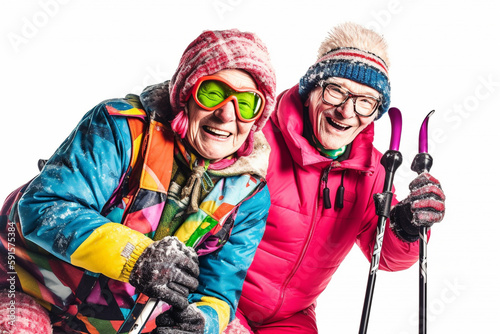 Old couple of husband and wife, enjoying retirement - they are skiing. Generative AI