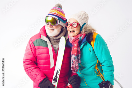 Old couple of husband and wife, enjoying retirement - they are skiing. Generative AI