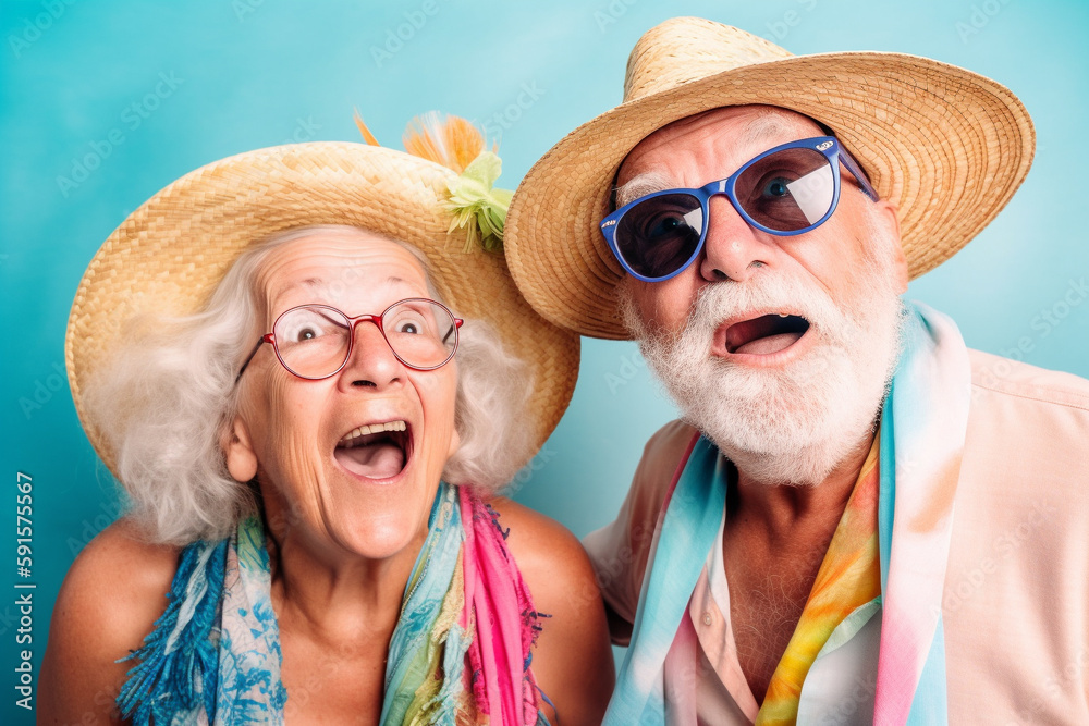 Old couple of husband and wife, enjoying retirement - they are having fun travelling abroad. Generative AI