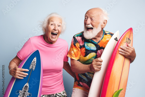 Old couple of husband and wife, enjoying retirement - they are having fun surfing. Generative AI