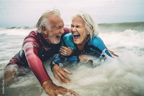 Old couple of husband and wife, enjoying retirement - they are having fun surfing. Generative AI