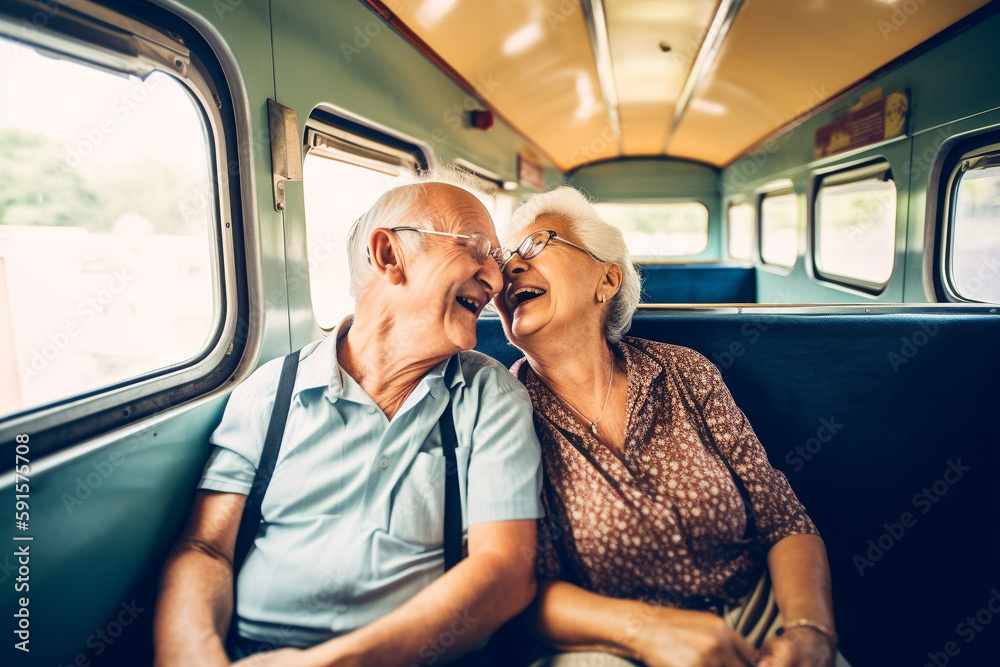 Old couple of husband and wife, enjoying retirement - they are having fun travelling by train. Generative AI