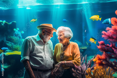 Old couple of husband and wife, enjoying retirement - they are visiting an aquarium. Generative AI © Mihai Zaharia