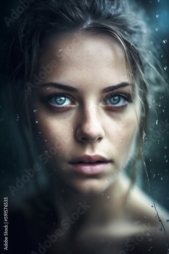 A beautiful girl in rain with water droplets. Closeup portrait. Illustration. Generative AI.
