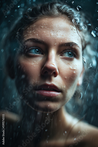 A beautiful girl in rain with water droplets. Closeup portrait. Illustration. Generative AI. © Mihai Zaharia