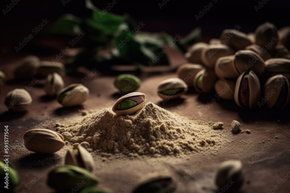 Naklejka premium Pistachios flour and nuts on dark background. AI-Generated.
