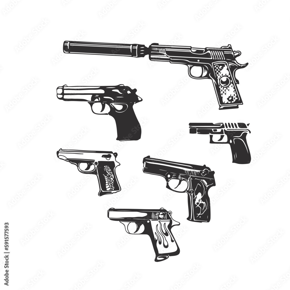 Vetor de guns, pistol with silencer, black and white tattoo, vector EPS