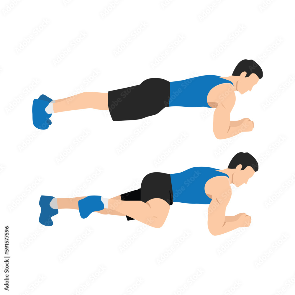 Man doing Abdominal exercise position introduction with Plank Knee to Elbow in 2 step for guide. Man doing Abdominal exercise position introduction with Plank Knee to Elbow in 2 step for guide.