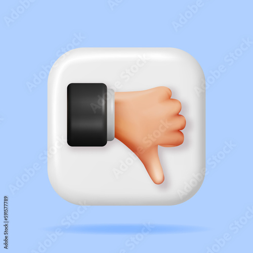 3D Thumbs Down Hand Gesture Isolated. Render Dislike Hand Button Symbols. Customer Rating or Vote. Disagree, Lousy or Bad Icon. Cartoon Fingers Gestures. Vector Illustration