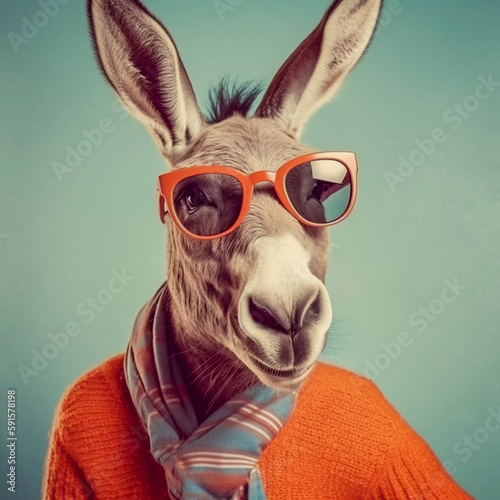 Fotobehang Hipster anthropomorphic donkey taking a selfie, Generative AI