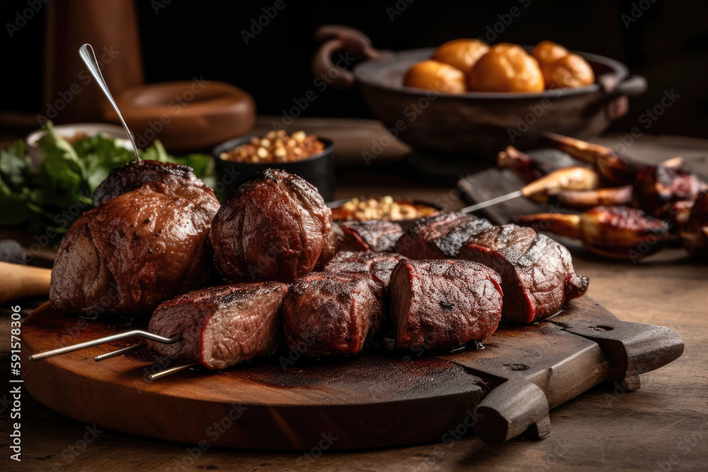 Barbecued picanha meat skewer. Generative AI Barbecued picanha meat skewer. Generative AI