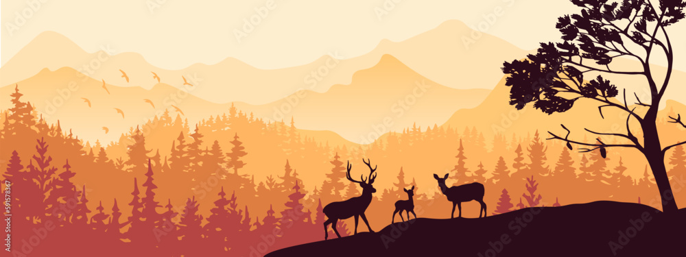 Horizontal banner. Silhouette of deer, doe, fawn standing on hill, forest and mountains in background. Magical misty landscape, fog. Illustration. Bookmark.