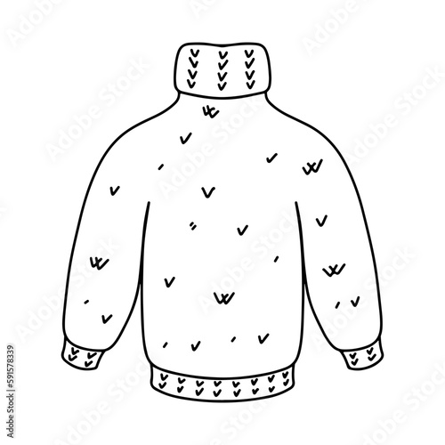Knitted sweater in hand drawn doodle style. Vector illustration isolated on white background, Coloring book.