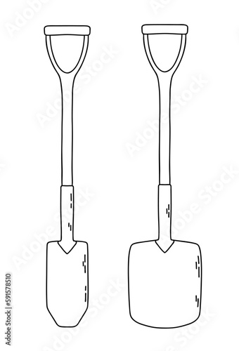 Two different shovel for garden. Vector outline illustration