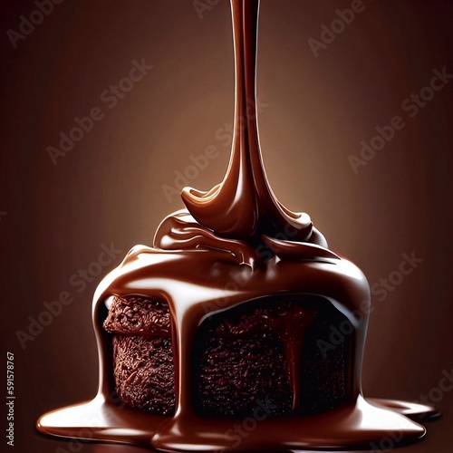 melting lava chocolate flowing over chocolate cake.
