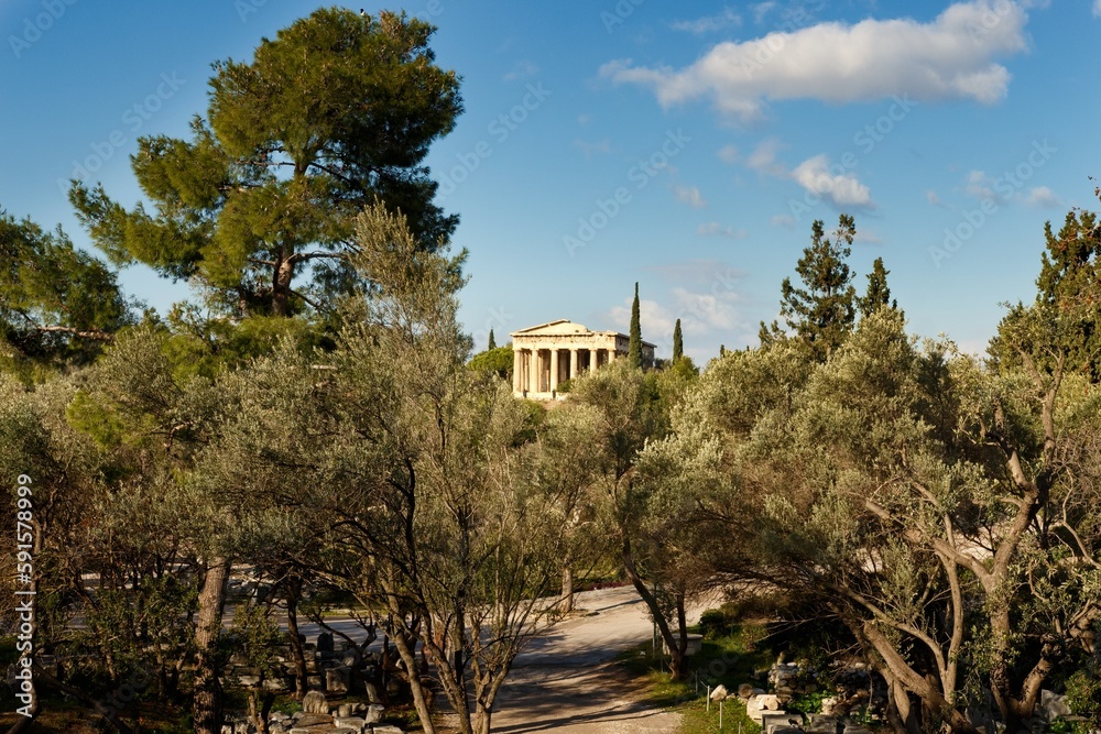 Temple of Hephaestus (Hephaisteion) in Agora of Athens, on top of the Agoraios Kolonos hill without people during sunny winter day took from Stoa of Attalos