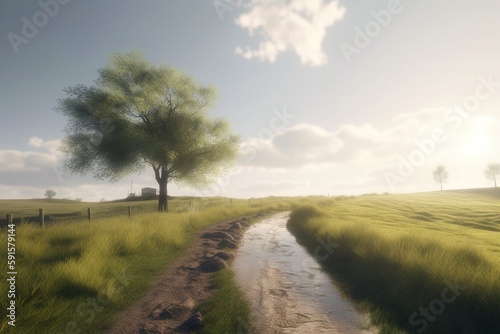 A minimalist landscape with a serene countryside or rural path, Generative AI
