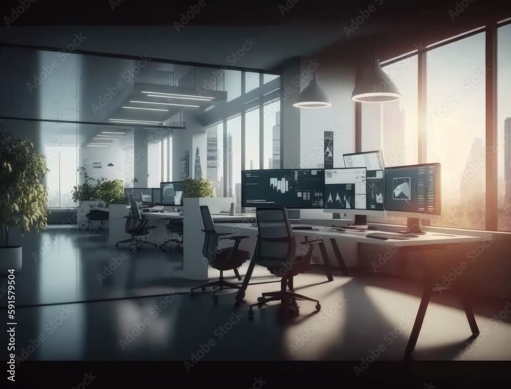 Modern office interior. future workplace, advanced technology, importance collaboration and teamwork. Workplace, economy, display, stock, trade, finance, technology and future concept. Generative AI