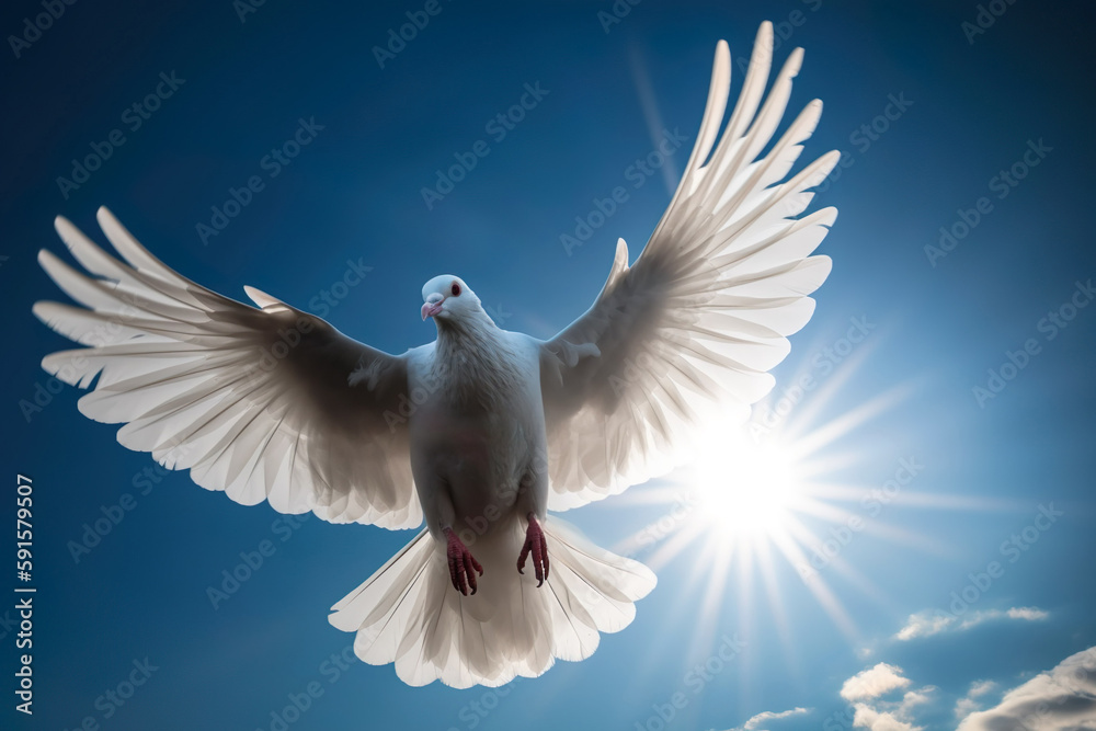 White dove flying in the sun rays in blue sky. Generative AI