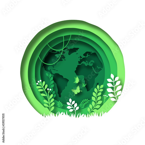 Green paper cut earth planet with nature environment inside. Modern 3d papercut illustration concept of world map, plant leaf and butterfly. Eco friendly solution, natural care design. #591579511