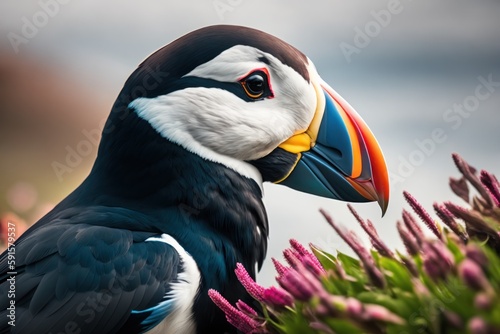 Arctic puffin bird (Fratercula arctica) on the steep cliffs of Nordic shore, beautiful northern flowers, dramatic waves, low clouds. Generative AI © mikhailberkut