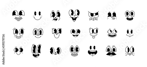 Funny retro cartoon character face drawing set on isolated background. Black and white vintage animation art style bundle. Trendy 50s mascot, facial expression graphic, mascot gesture sticker.	