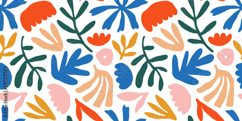 Colorful flower seamless pattern illustration. Children style floral doodle background, funny basic nature shapes wallpaper. 