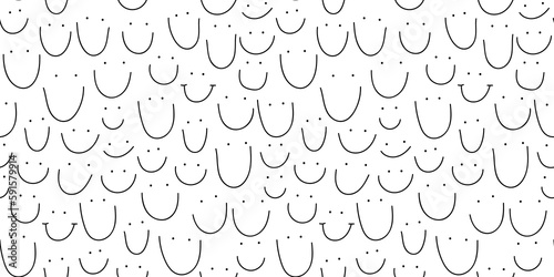 Simple people faces smile seamless pattern illustration. Black and white happy cartoon characters in funny children doodle style. Friendly community or kid group smiling background print. 