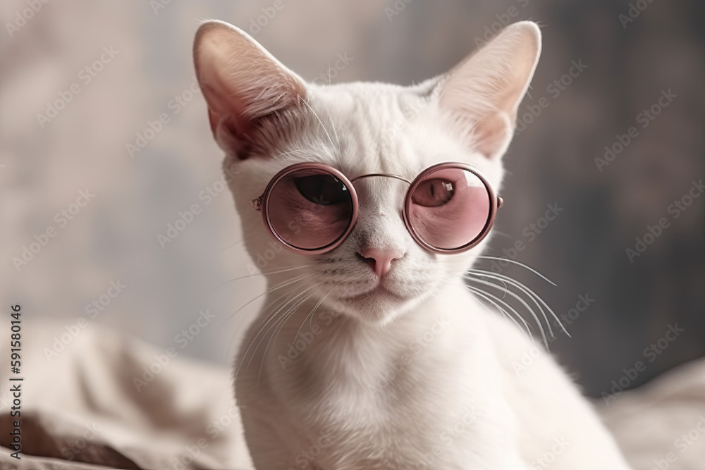 Burmese cat in pink sunglasses, Generative AI