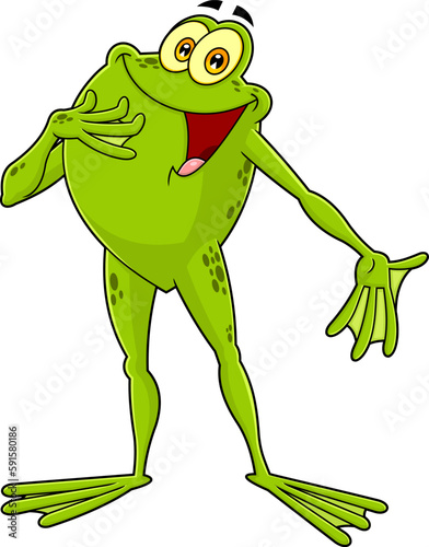 Funny Green Frog Cartoon Character Singing. Vector Hand Drawn Illustration Isolated On Transparent Background