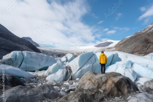 a person standing in front of an glacier - glacier melting concept