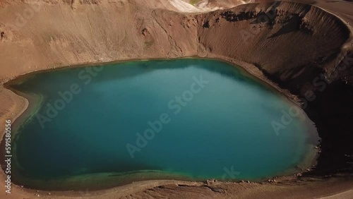 4K cinematic Aerial drone footage of Viti crater at summer. Geothermal lake with turquoise water and Oskjuvatn lake in Askja caldera, near Hverir Myvatn geothermal area, Iceland. High quality footage photo