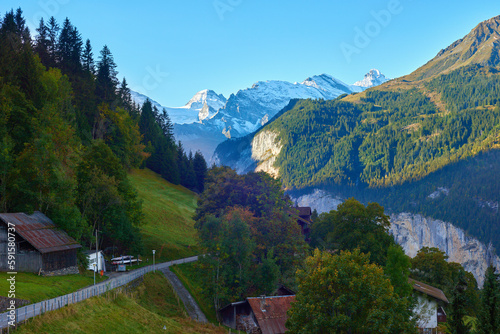 Morning mountain landscape in Wengen village in Switzerland.