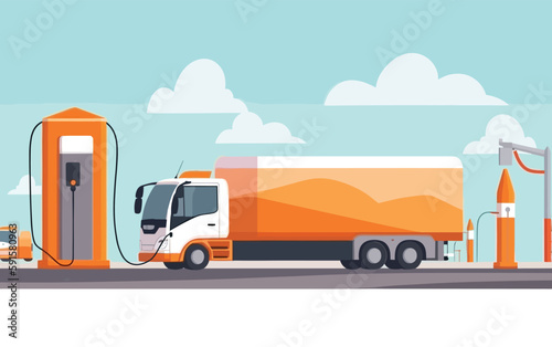 electric truck standing by the charging station, charging truck,