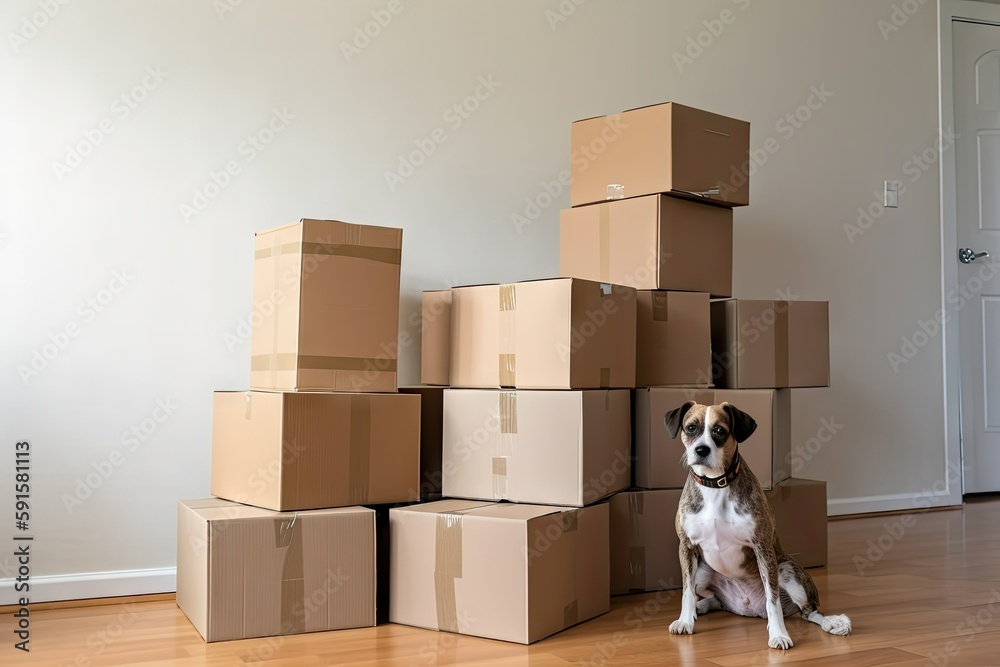 dog sits on boxes, moving to a new home, packing, generative ai
