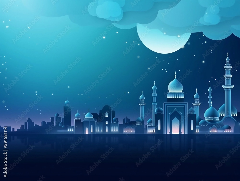 islamic background with Mosque in background in blue generative ai