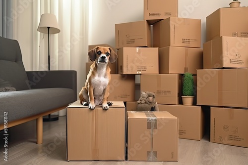 dog sits on boxes, moving to a new home, packing, generative ai © bigtown