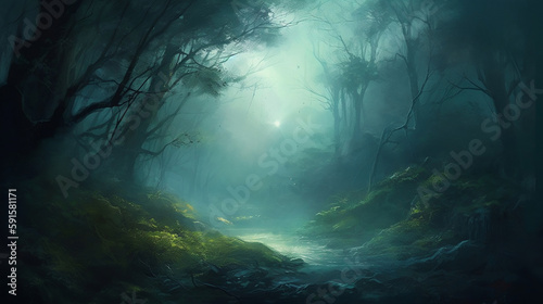 Fantastic  dreamy  sparkling  mysterious magical green forest with mist created with Generative AI technology