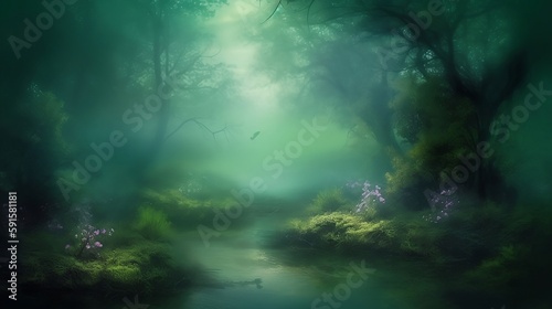 Fantastic, dreamy, sparkling, mysterious magical green forest with mist created with Generative AI technology