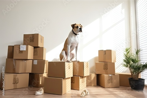 dog sits on boxes, moving to a new home, packing, generative ai