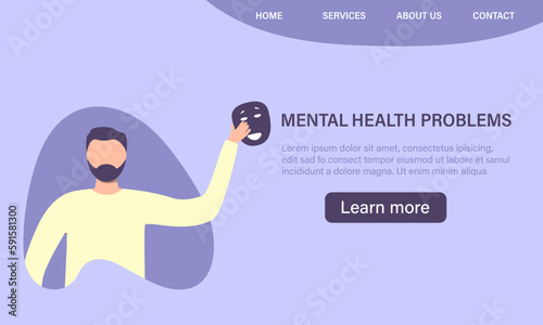 Depressed man with the mask. Mental disorder, sadness and depression concept. Physical and emotional violence against men