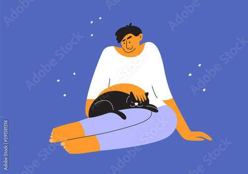 Pet love vector illustration. Man petting black cat. Sleeping kitty laying on owner legs. Smiling male sitting holding domestic animal. Feline dream, cat shelter, pets care. Happy boy and furry friend