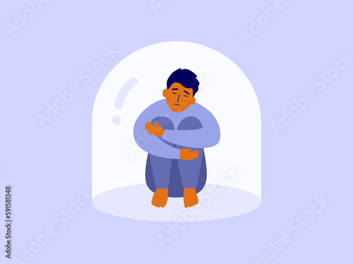 Fototapeta Naklejka Na Ścianę i Meble -  Unhappy man sitting hugging knees under real or imagined glass dome. Mental disorder, male depression, adolescent loneliness. Upset boy in psychological trapped, cage. Void vacuum vector illustration