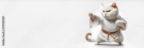 Karate cat. The cat is wearing a kimono. Stands in a fighting pose on a white background. Conceptual banner with animals doing sports. copy space. Generative AI. photo