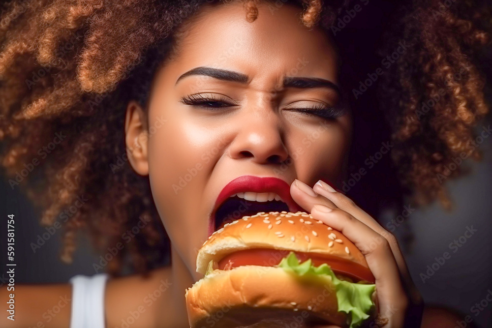 Afro-american woman eating hamburger, closeup photo. Generative AI Afro-american woman eating hamburger, closeup photo. Generative AI