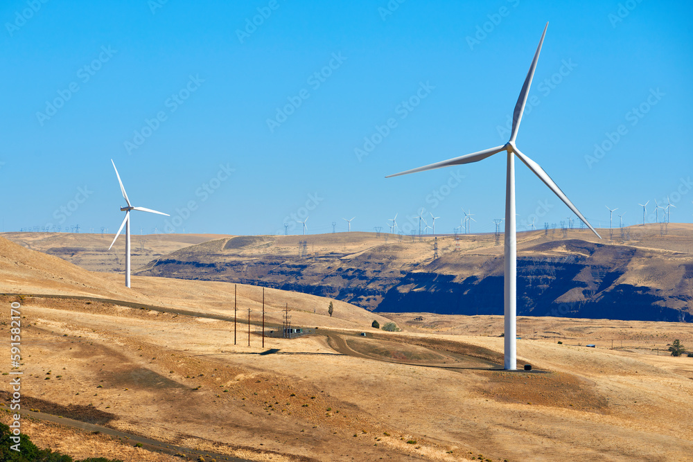 Wind power farm in Columbia River Gorge on the Oregon and Washington border.