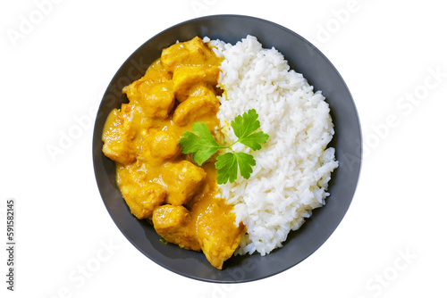 plate of chicken with curry sauce and rice isolated on transparent background, top view